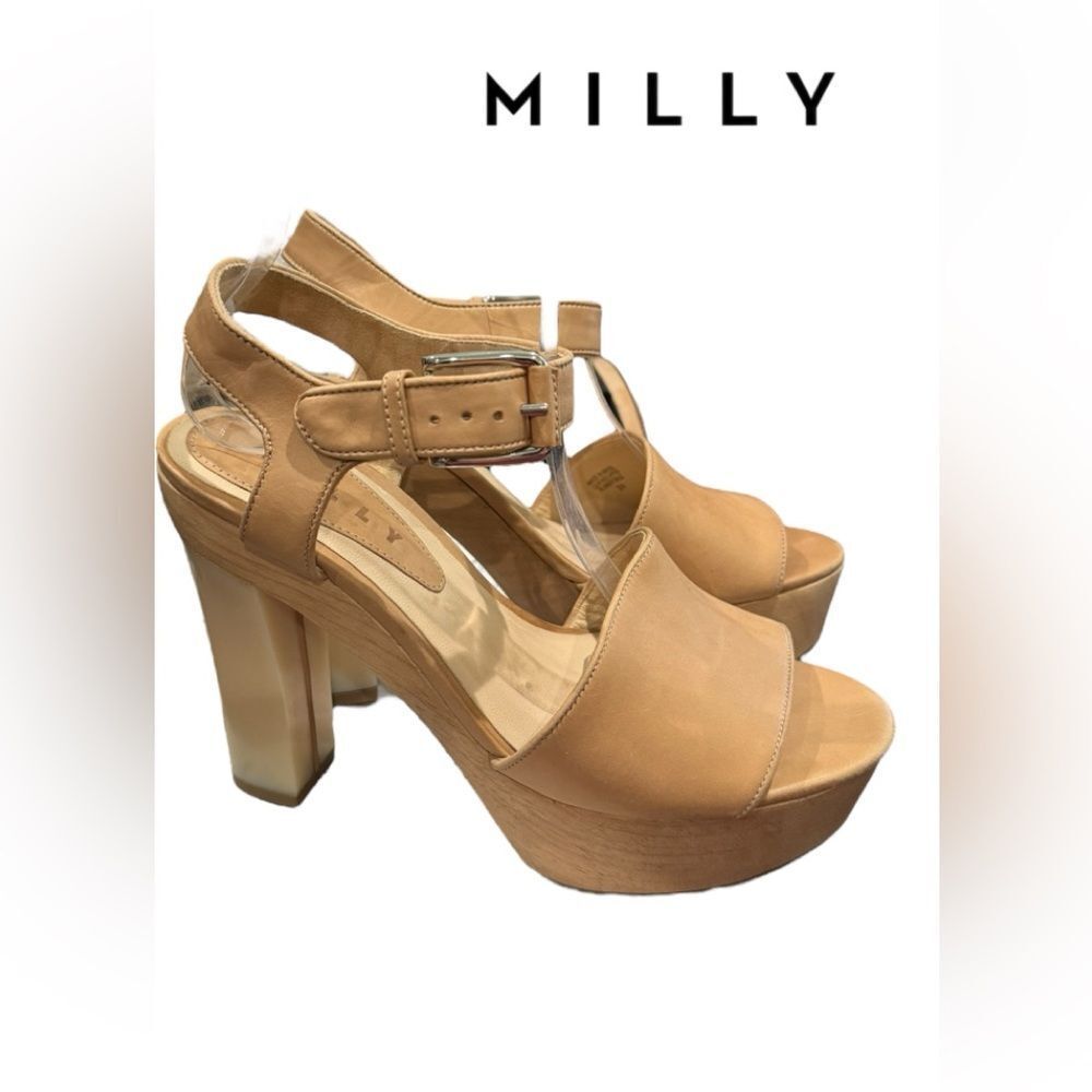 New MILLY Women's Tan Leather Wood Platform 39